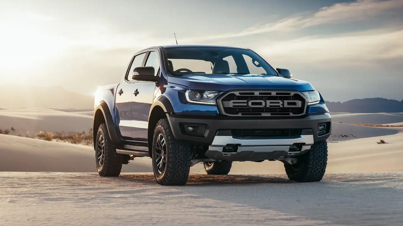 Niebieski Ford Ranger Raptor przemierza piaszczyste wydmy o zachodzie słońca.