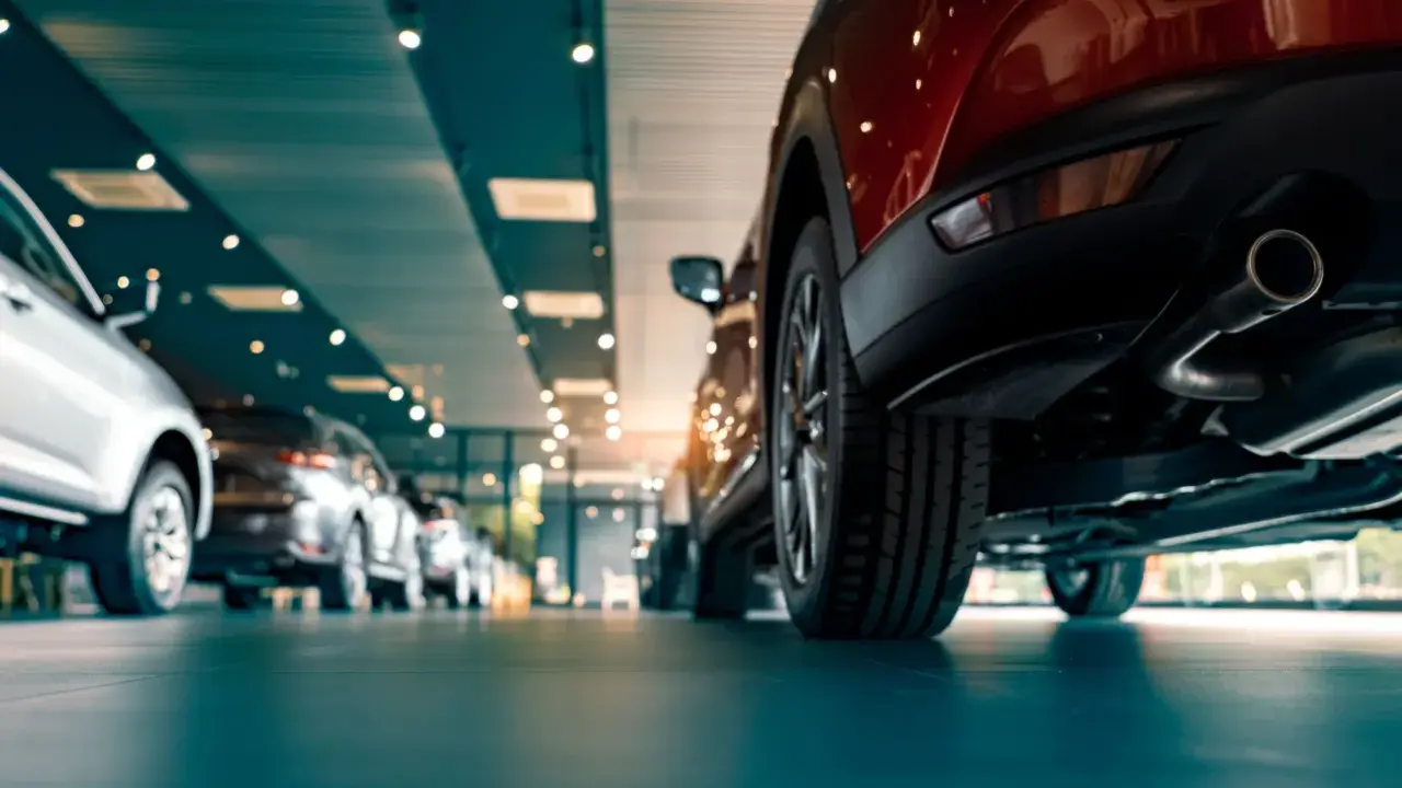 Nowe samochody w salonie, w tym czerwony SUV z widocznym układem wydechowym. Zastanawiasz się, ac co to za model?