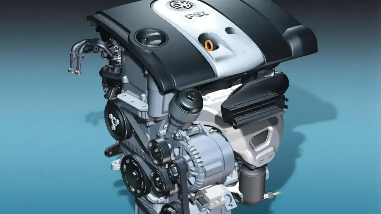 Silnik samochodowy 1.6 MPI z widocznymi paskami, alternatorem i osłoną z logo VW.