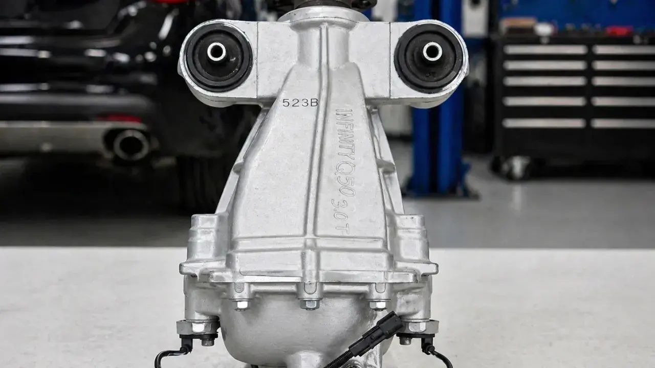 Srebrny mechanizm różnicowy INFINITY Q50 3.0T z czujnikami, gotowy do montażu w warsztacie.