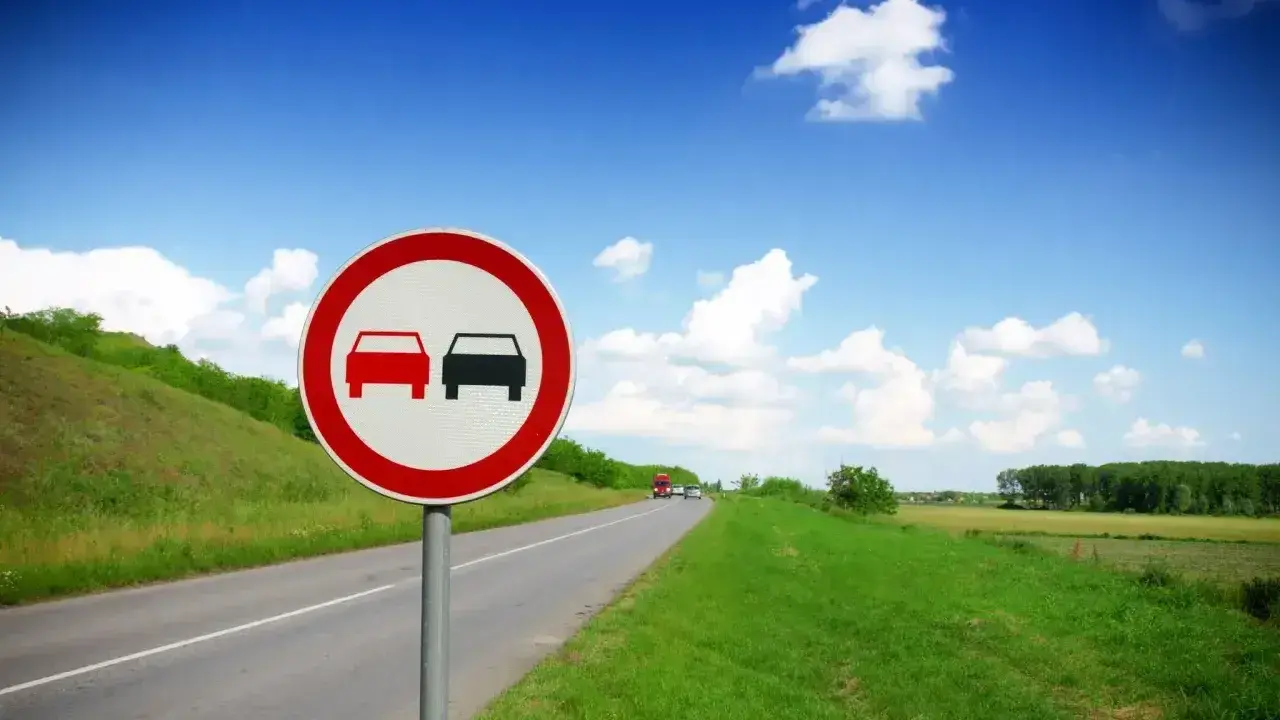 Znak zakazu wyprzedzania dla ciężarówek na tle błękitnego nieba i zielonych pól.