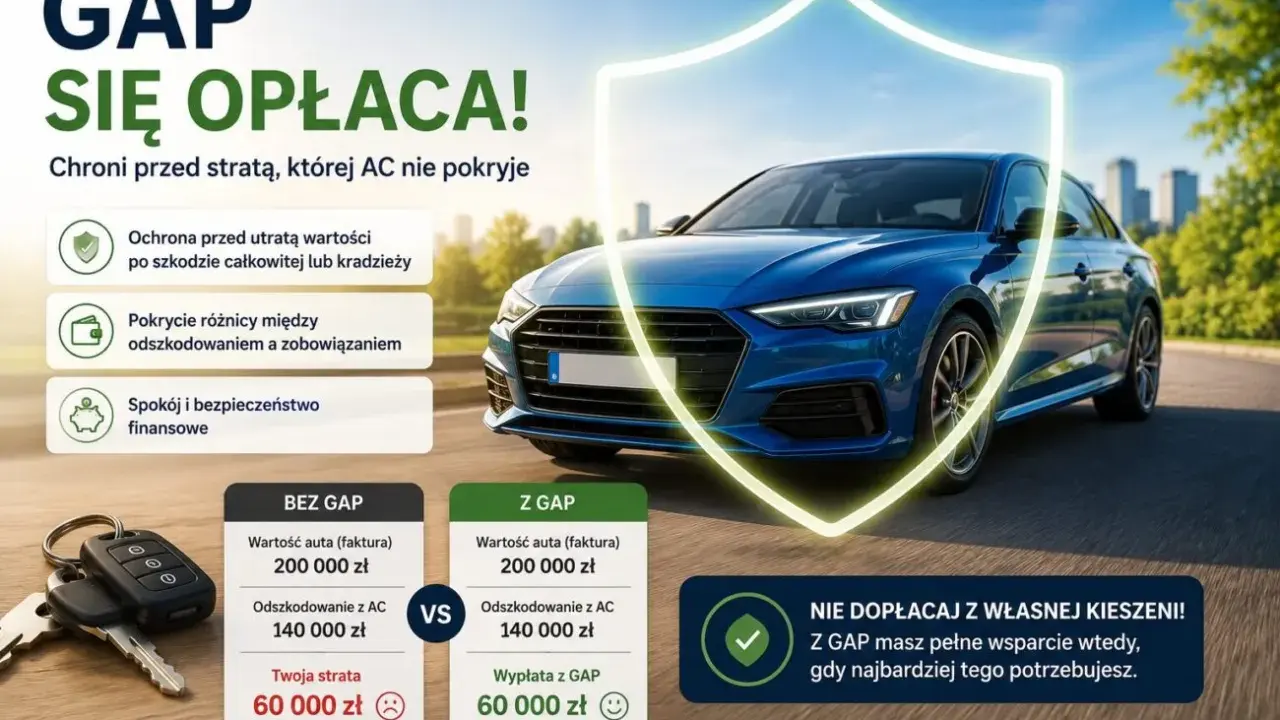 Ubezpieczenie GAP chroni przed stratą wartości auta po kradzieży lub szkodzie całkowitej, zapewniając spokój finansowy.