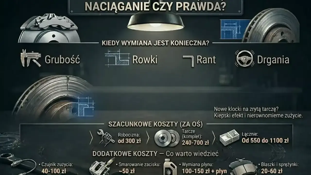 Szacunkowa wymiana klocków hamulcowych cena: od 550 do 1100 zł za oś, obejmuje robociznę i tarcze. Dodatkowe koszty to czujniki, smarowanie, płyn i blaszki.