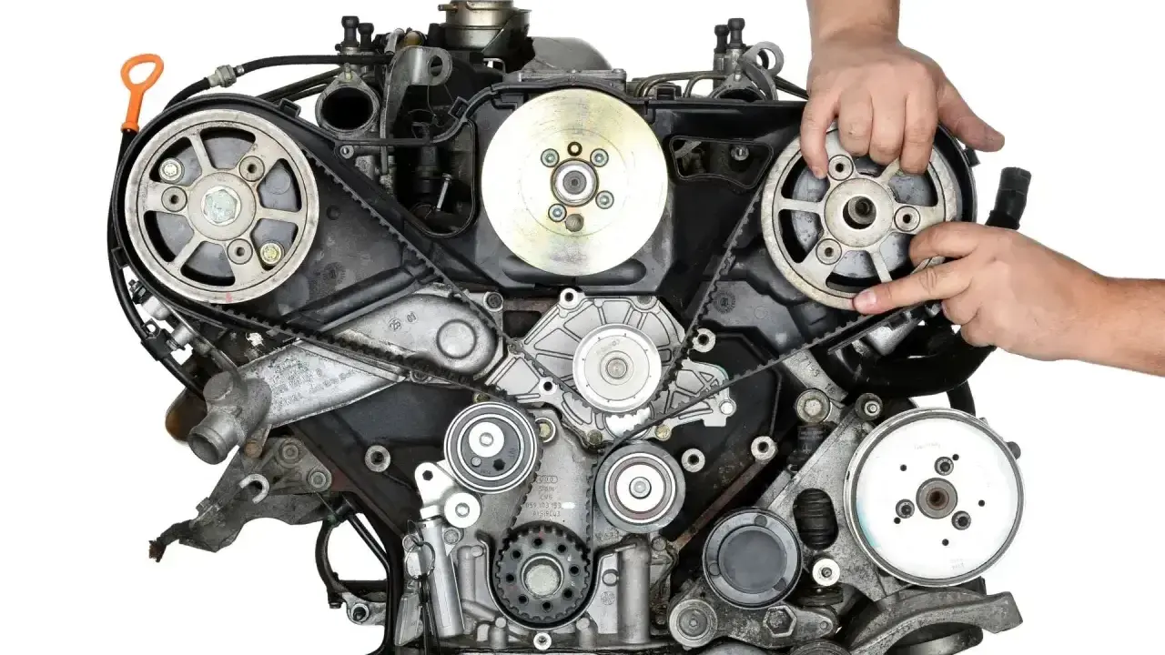 Mechanik pokazuje, jak prawidłowo zamontować pasek rozrządu w silniku samochodowym.