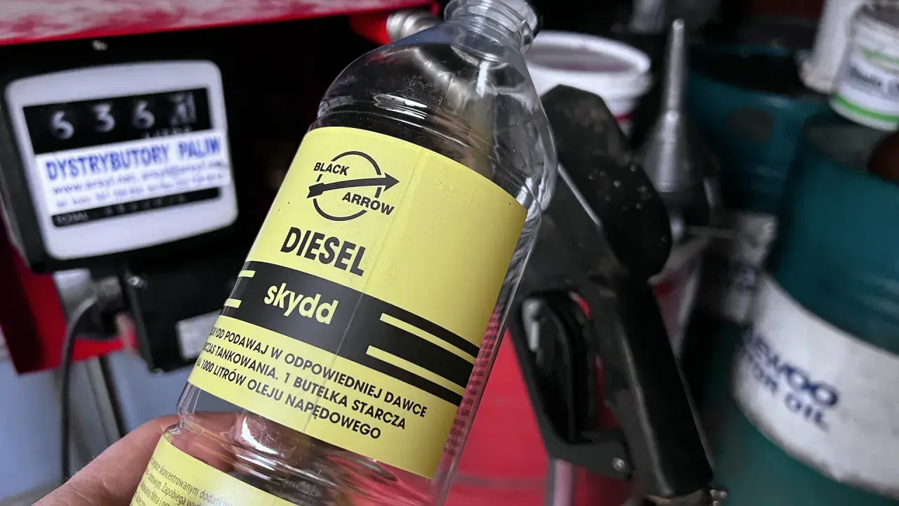 Butelka z dodatkiem do oleju napędowego, z etykietą "DIESEL skydd". W tle dystrybutor paliw i pistolet do tankowania.