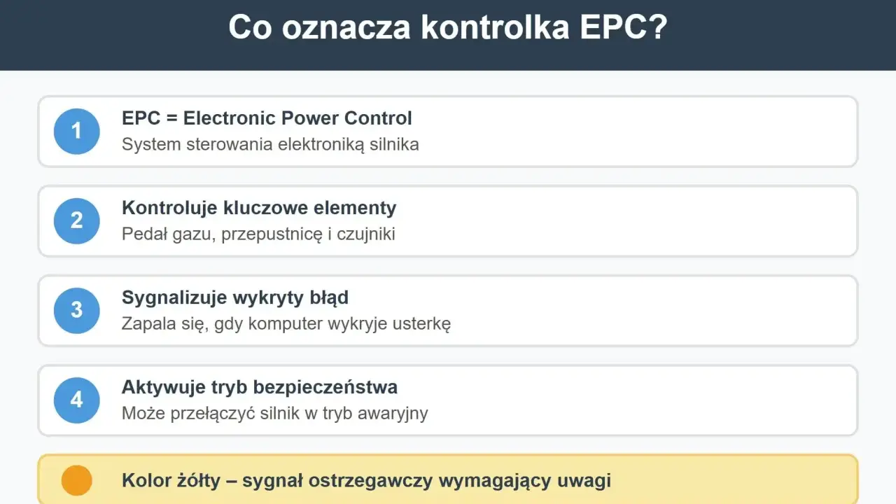 Kontrolka EPC oznacza Electronic Power Control. Sygnalizuje błąd w systemie sterowania silnika, który może wymagać uwagi.