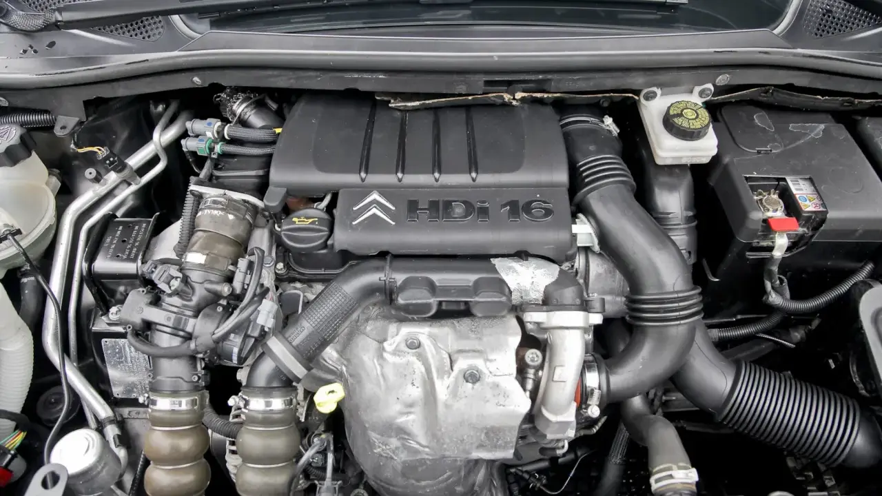 Silnik 1.6 HDI z widocznym logo Citroen. Widać turbosprężarkę, przewody i elementy układu dolotowego.