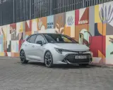 Srebrna Toyota Corolla GR na tle kolorowego muralu z motywami zwierzęcymi.