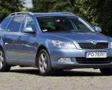 Niebieska Skoda Octavia 2010 kombi stoi na brukowanym podjeździe, otoczona zielenią.