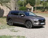 Brązowy Hyundai Santa Fe 2025 na tle kamiennego muru i zieleni.