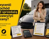 Kobieta zastanawia się nad ceną rynkową samochodu. Obok kalkulator i notatki z wyceną auta.