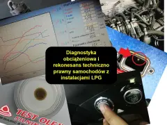 Diagnostyka obciążeniowa i rekonesans techniczno-prawny samochodów z instalacjami LPG, w tym homologacja E9. Wykresy, silnik, przycisk start.