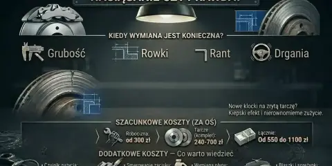 Szacunkowa wymiana klocków hamulcowych cena: od 550 do 1100 zł za oś, obejmuje robociznę i tarcze. Dodatkowe koszty to czujniki, smarowanie, płyn i blaszki.
