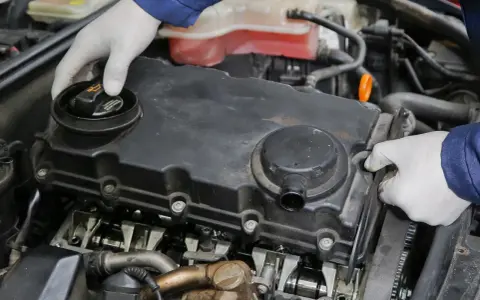 Mechanik w białych rękawiczkach sprawdza silnik, odkręcając korek wlewu oleju. Widoczne elementy silnika i układu odmy.