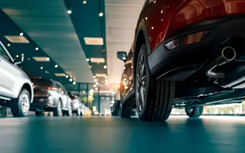 Nowe samochody w salonie, w tym czerwony SUV z widocznym układem wydechowym. Zastanawiasz się, ac co to za model?