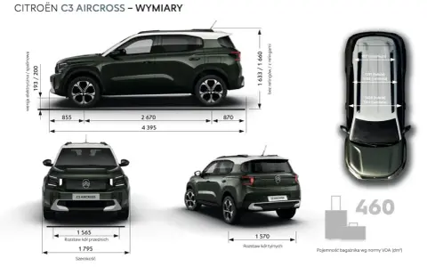 Citroën C3 Aircross wymiary: długość 4395 mm, szerokość 1795 mm, wysokość 1633/1660 mm. Rozstaw osi 2670 mm.