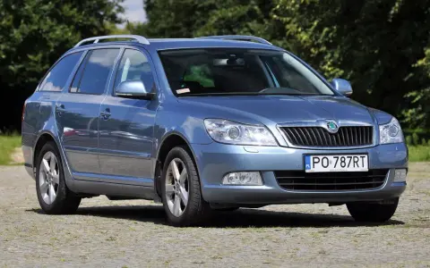 Niebieska Skoda Octavia 2010 kombi stoi na brukowanym podjeździe, otoczona zielenią.