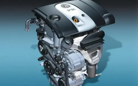Silnik samochodowy 1.6 MPI z widocznymi paskami, alternatorem i osłoną z logo VW.