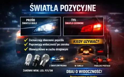Białe światła postojowe z przodu i czerwone z tyłu poprawiają widoczność i bezpieczeństwo na drodze.