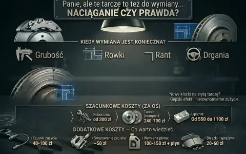 Szacunkowa wymiana klocków hamulcowych cena: od 550 do 1100 zł za oś, obejmuje robociznę i tarcze. Dodatkowe koszty to czujniki, smarowanie, płyn i blaszki.