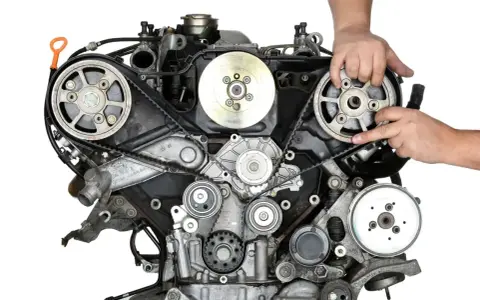 Mechanik pokazuje, jak prawidłowo zamontować pasek rozrządu w silniku samochodowym.