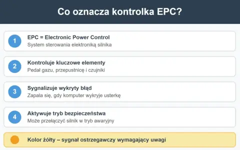 Kontrolka EPC oznacza Electronic Power Control. Sygnalizuje błąd w systemie sterowania silnika, który może wymagać uwagi.