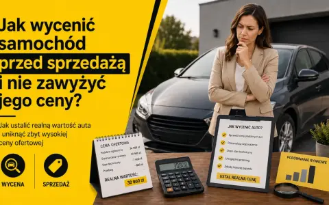 Kobieta zastanawia się nad ceną rynkową samochodu. Obok kalkulator i notatki z wyceną auta.