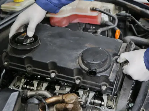 Mechanik w białych rękawiczkach sprawdza silnik, odkręcając korek wlewu oleju. Widoczne elementy silnika i układu odmy.
