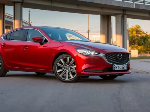 Czerwona Mazda 6 2.5 benzyna zaparkowana pod estakadą.