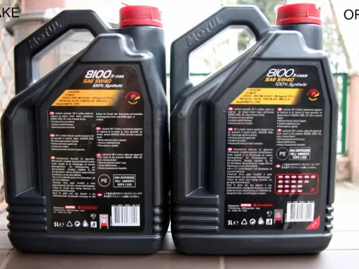 Dwie kanistry oleju silnikowego Motul 8100 X-cess SAE 5W40, jeden oznaczony jako "FAKE", drugi jako "ORI".