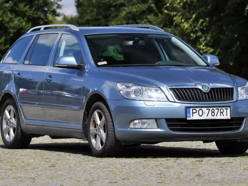 Niebieska Skoda Octavia 2010 kombi stoi na brukowanym podjeździe, otoczona zielenią.