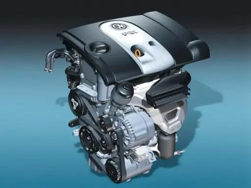 Silnik samochodowy 1.6 MPI z widocznymi paskami, alternatorem i osłoną z logo VW.