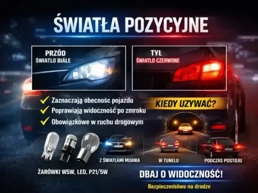 Białe światła postojowe z przodu i czerwone z tyłu poprawiają widoczność i bezpieczeństwo na drodze.