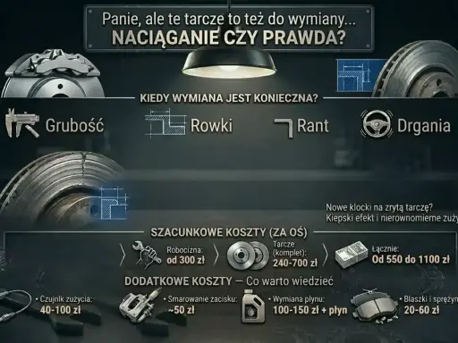 Szacunkowa wymiana klocków hamulcowych cena: od 550 do 1100 zł za oś, obejmuje robociznę i tarcze. Dodatkowe koszty to czujniki, smarowanie, płyn i blaszki.