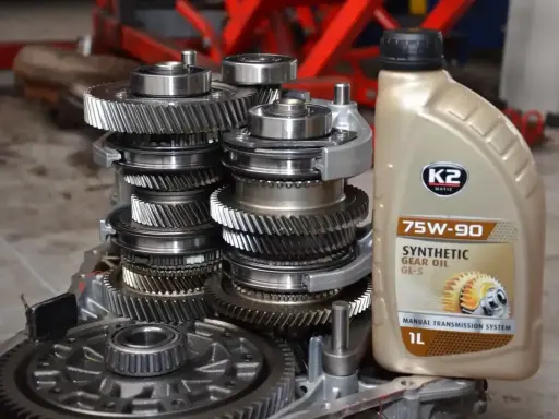 Zestaw kół zębatych skrzyni biegów i butelka oleju ATF K2 75W-90.