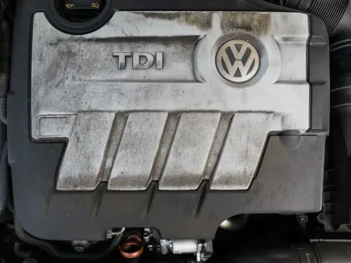Silnik TDI 1.9 105 KM Volkswagena, pokryty kurzem i brudem, z widocznym logo TDI i VW.