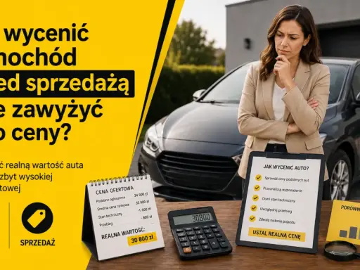 Kobieta zastanawia się nad ceną rynkową samochodu. Obok kalkulator i notatki z wyceną auta.