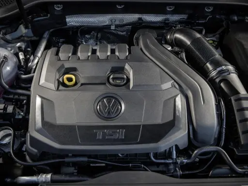 Silnik ea211 Volkswagena z napisem TSI. Widoczny jest czarny plastikowy kolektor dolotowy i elementy układu chłodzenia.