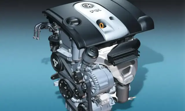 Silnik samochodowy 1.6 MPI z widocznymi paskami, alternatorem i osłoną z logo VW.