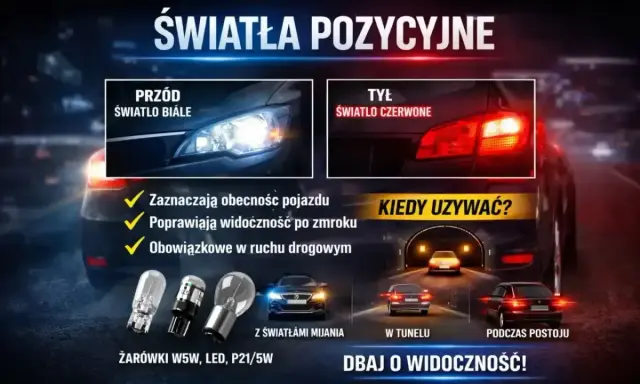 Białe światła postojowe z przodu i czerwone z tyłu poprawiają widoczność i bezpieczeństwo na drodze.