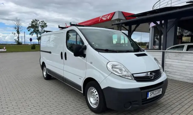 Biały Opel Vivaro 2.0 CDTI zaparkowany pod wiatą stacji paliw.