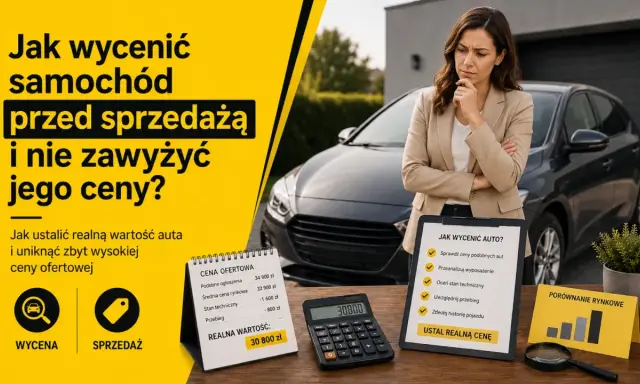 Kobieta zastanawia się nad ceną rynkową samochodu. Obok kalkulator i notatki z wyceną auta.