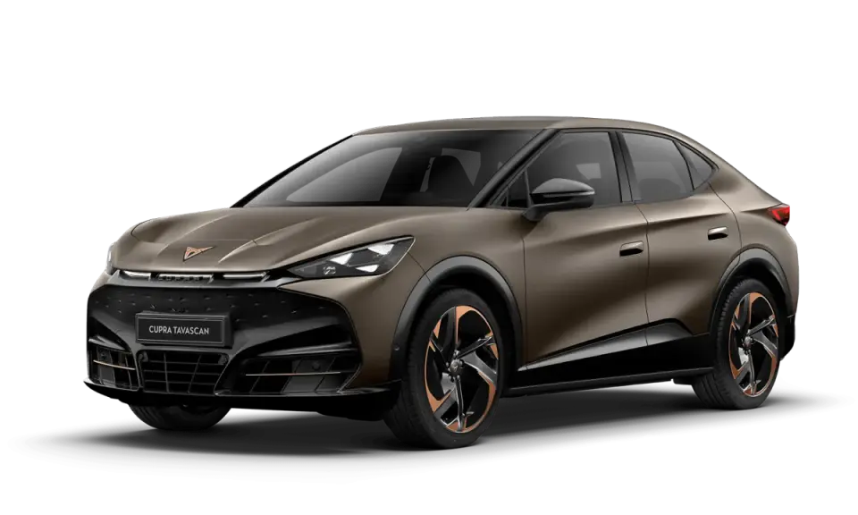 Brązowy Cupra Tavascan z miedzianymi akcentami na felgach i karoserii. Nowoczesny design SUV-a coupe.