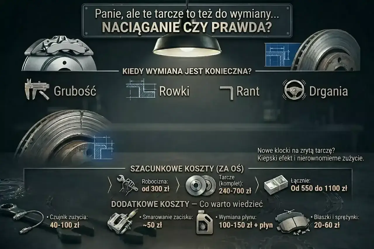 Szacunkowa wymiana klocków hamulcowych cena: od 550 do 1100 zł za oś, obejmuje robociznę i tarcze. Dodatkowe koszty to czujniki, smarowanie, płyn i blaszki.