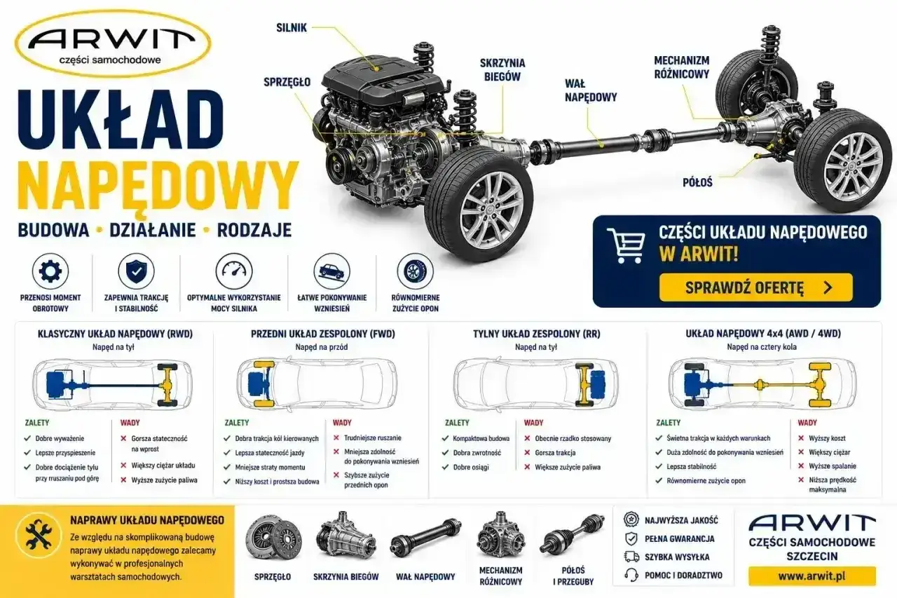Schemat układu napędowego samochodu: silnik, sprzęgło, skrzynia biegów, wał napędowy, mechanizm różnicowy, półosie. Informacje o różnych typach napędu i ich zaletach/wadach. Szpera w układzie napędowym.
