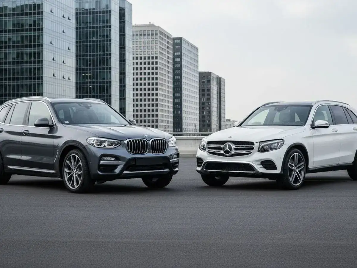 Szary i biały mercedes suv modele stoją obok siebie na tle nowoczesnych budynków.