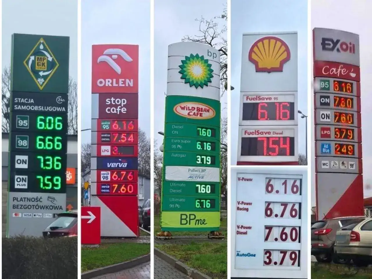 Ceny paliw na stacjach Orlen, BP, Shell i Exoil. Widać m.in. verva 98 za 6.76 zł.