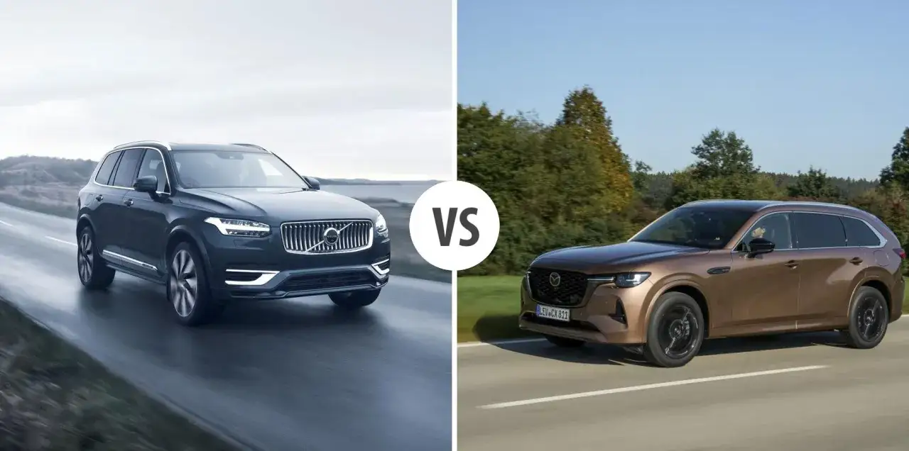 Porównanie: ciemny Volvo XC90 na mokrej drodze kontra brązowa Mazda CX-60 na tle jesiennego krajobrazu.