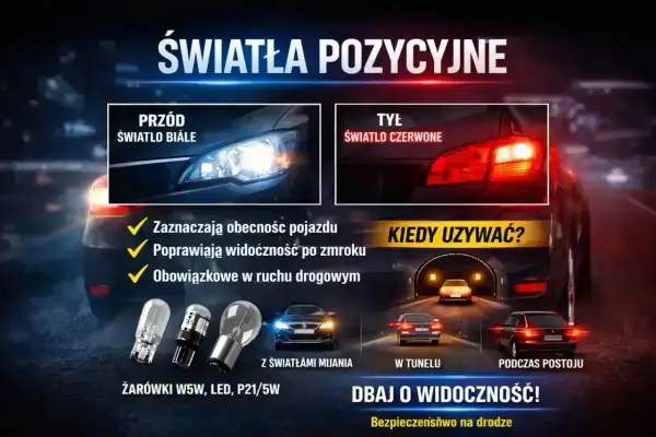Białe światła postojowe z przodu i czerwone z tyłu poprawiają widoczność i bezpieczeństwo na drodze.