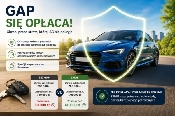 Ubezpieczenie GAP chroni przed stratą wartości auta po kradzieży lub szkodzie całkowitej, zapewniając spokój finansowy.